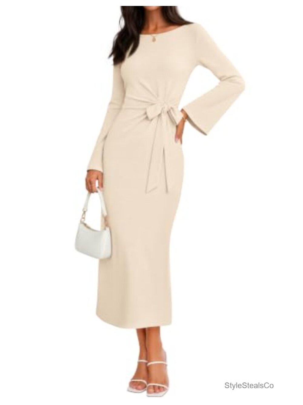Women's Boat Neck Bell Sleeve Tie Waist Midi Dress Ruched Side Split